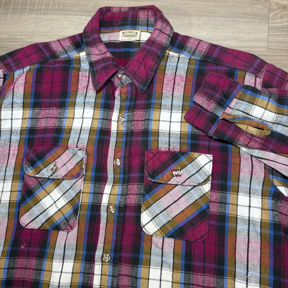 Vintage Fivebrother 2XL Purple Plaid Thick Flannel Shirt Pockets‎ Stains